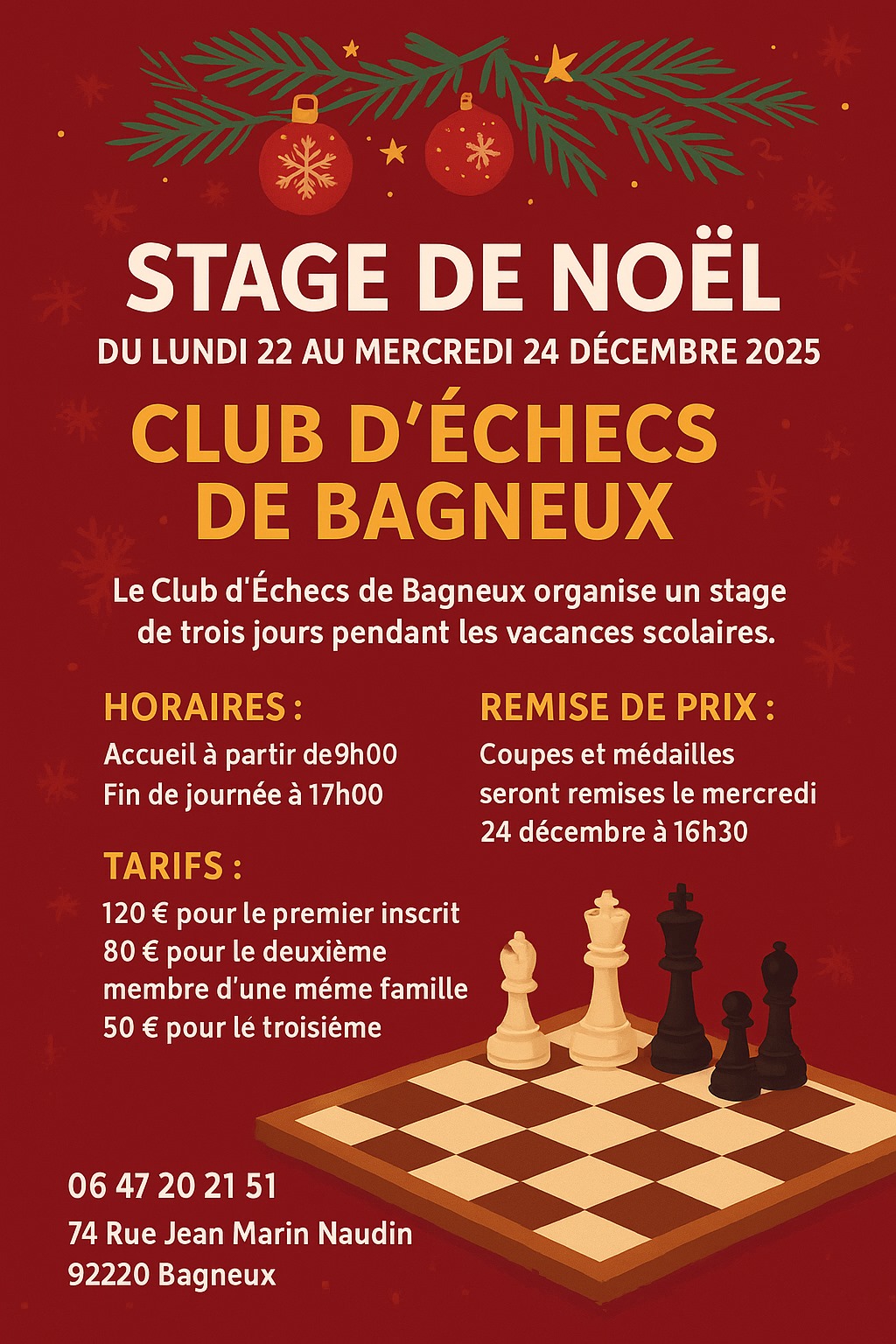 flyer du stage de noël d'échecs organisé au le cercle d'échecs de Bagneux du 22 au 24 deecembre 2025